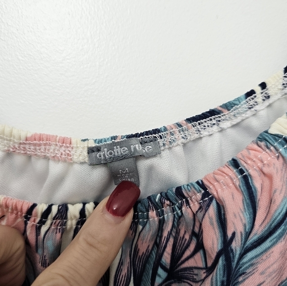 Charlotte Russe Teal Pink Ivory Tropical Floral Print Off the Shoulder Crop Top - Picture 6 of 8